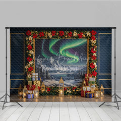 Lofaris Christmas Northern Lights Photography Backdrop Aurora Borealis Painting with Poinsettias Holiday Photo Background
