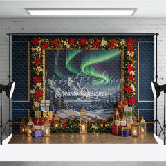 Lofaris Christmas Northern Lights Photography Backdrop Aurora Borealis Painting with Poinsettias Holiday Photo Background