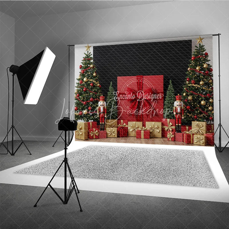 Lofaris Christmas Nutcracker Photography Backdrop Giant Red Present with Trees Holiday Mini Session Background