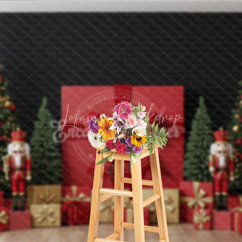 Lofaris Christmas Nutcracker Photography Backdrop Giant Red Present with Trees Holiday Mini Session Background