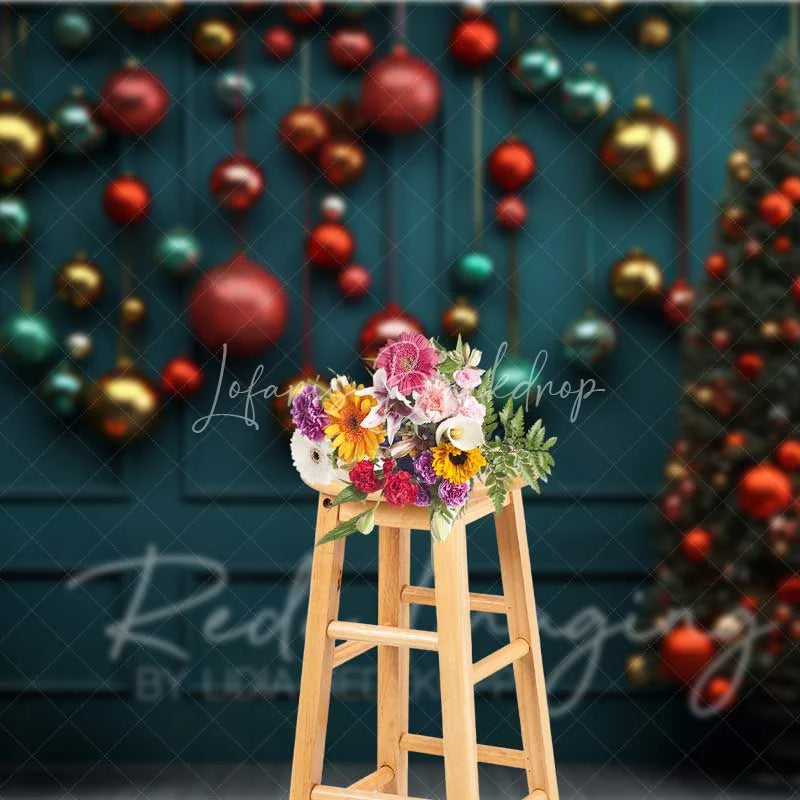 Lofaris Christmas Ornaments Backdrop Dark Teal Wall Hanging Red Gold Baubles Tree Photo Background