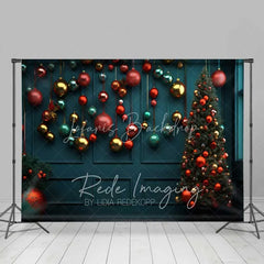Lofaris Christmas Ornaments Backdrop Dark Teal Wall Hanging Red Gold Baubles Tree Photo Background