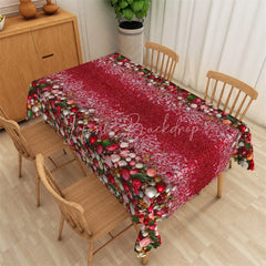 Lofaris Christmas Ornaments Rectangle Tablecloth Red Glitter with Floral Border Elegant Holiday Table Cover