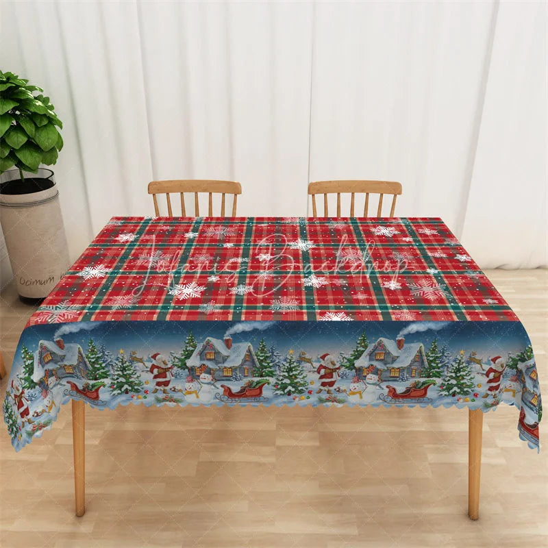 Lofaris Christmas Plaid Rectangle Tablecloth Red Green Tartan with Snowman Snowflake Holiday Table Cover