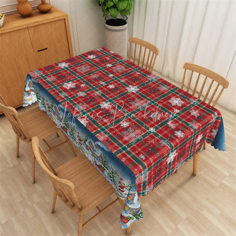 Lofaris Christmas Plaid Rectangle Tablecloth Red Green Tartan with Snowman Snowflake Holiday Table Cover