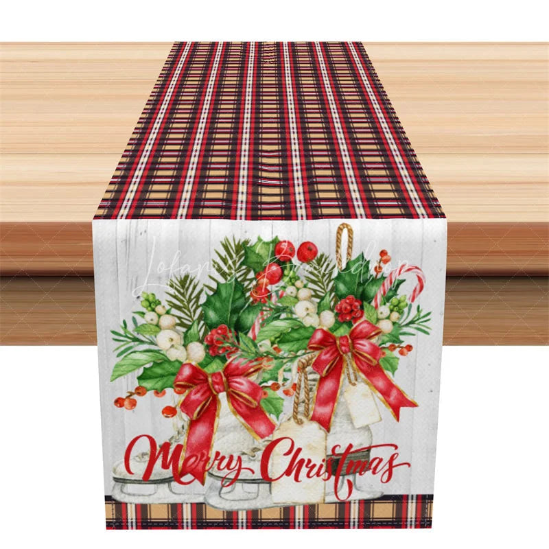 Lofaris Christmas Plaid Table Runner Red and Yellow Tartan Merry Wreath Farmhouse Holiday Decor