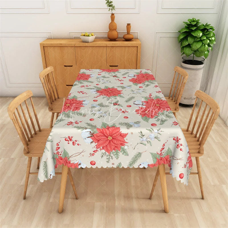 Lofaris Christmas Poinsettia Rectangle Tablecloth Beige with Red Flowers White Birds Holiday Table Cover