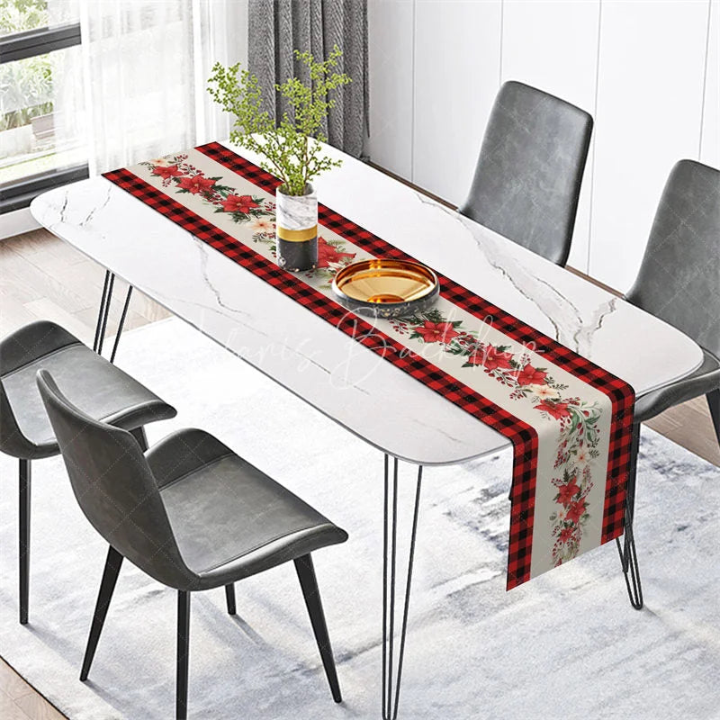 Lofaris Christmas Poinsettia Table Runner White with Red Buffalo Plaid Border Farmhouse Decor