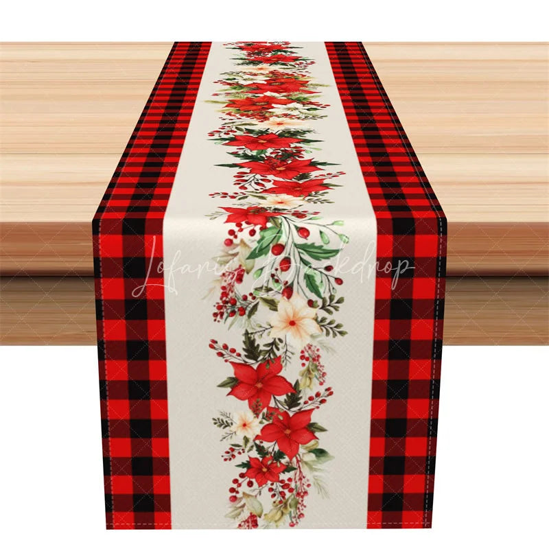 Lofaris Christmas Poinsettia Table Runner White with Red Buffalo Plaid Border Farmhouse Decor