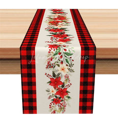 Lofaris Christmas Poinsettia Table Runner White with Red Buffalo Plaid Border Farmhouse Decor