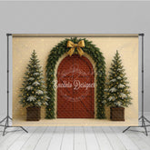 Lofaris Christmas Red Barn Door Photography Backdrop Rustic Garland Arch with Trees Farmhouse Holiday Photo Background