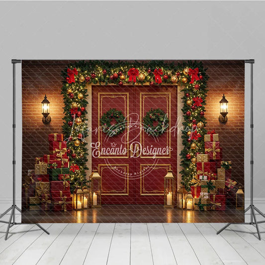 Lofaris Christmas Red Door Photography Backdrop Brick Wall with Garland and Presents Holiday Mini Session Background