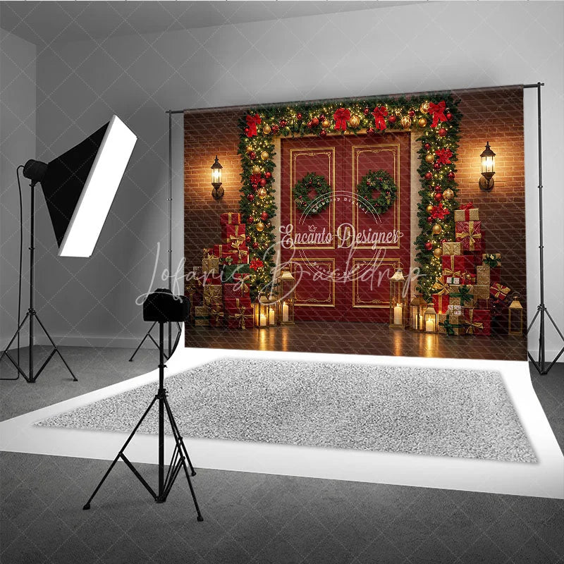 Lofaris Christmas Red Door Photography Backdrop Brick Wall with Garland and Presents Holiday Mini Session Background