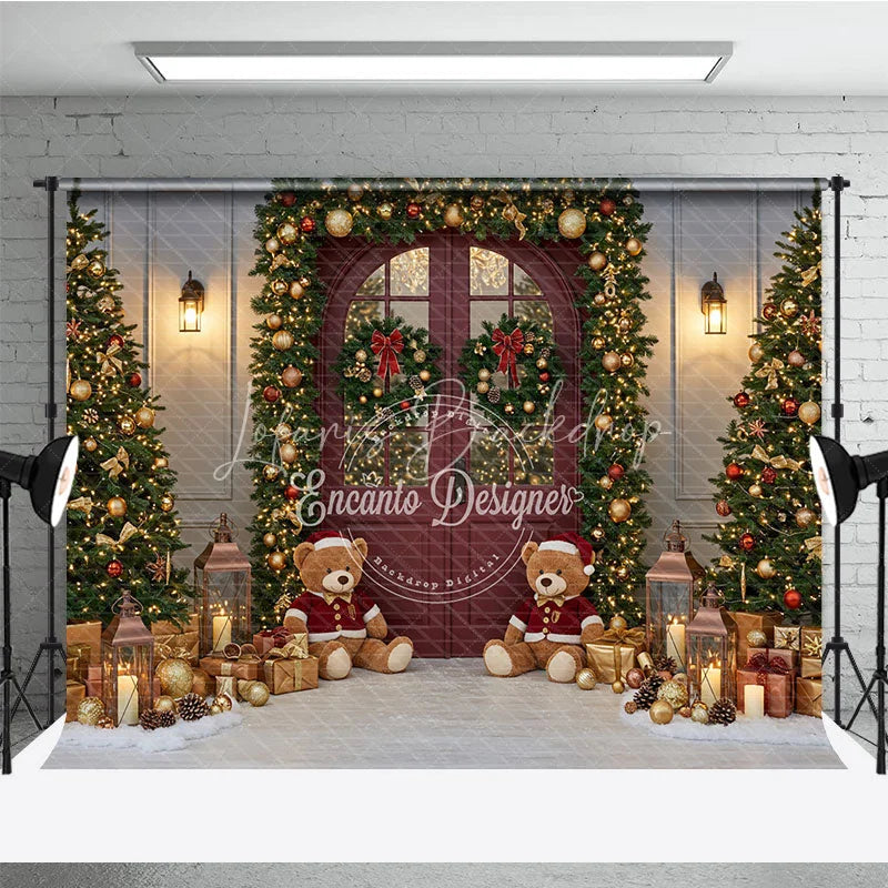 Lofaris Christmas Red Door Photography Backdrop Teddy Bears in the Snow with Garland Holiday Mini Session Background