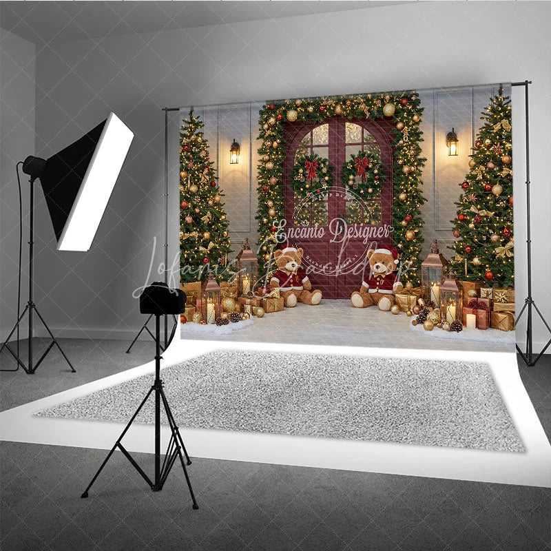 Lofaris Christmas Red Door Photography Backdrop Teddy Bears in the Snow with Garland Holiday Mini Session Background
