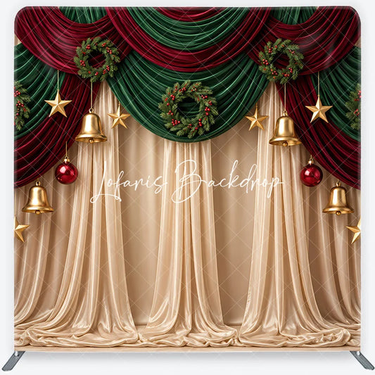 Lofaris Christmas Red Green Drapes Square Double-Sided Backdrop Velvet Wreaths Golden Bells Stars for Holiday Decor