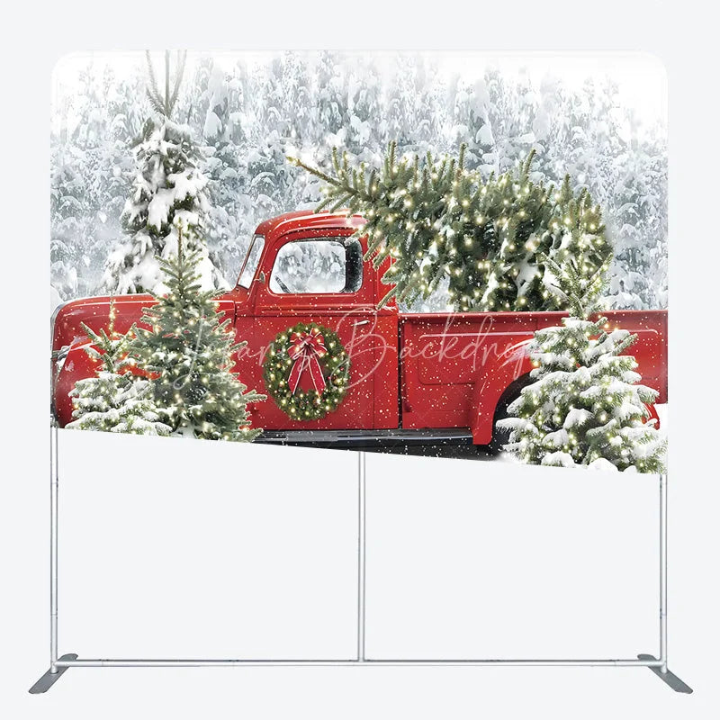 Lofaris Christmas Red Truck Tension Fabric Backdrop Snowy Forest Tree Decor Winter Holiday Theme Background for Party