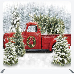 Lofaris Christmas Red Truck Tension Fabric Backdrop Snowy Forest Tree Decor Winter Holiday Theme Background for Party