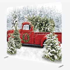 Lofaris Christmas Red Truck Tension Fabric Backdrop Snowy Forest Tree Decor Winter Holiday Theme Background for Party