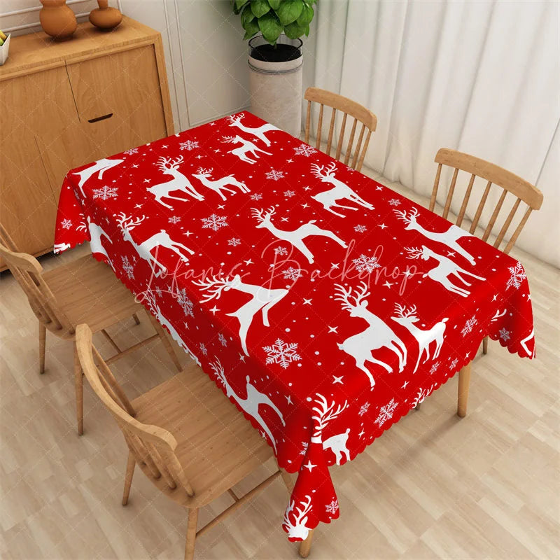 Lofaris Christmas Reindeer Rectangle Tablecloth Red with White Deer Silhouette Snowflake Winter Holiday Table Cover