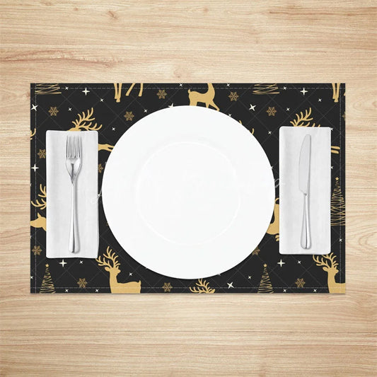 Lofaris Christmas Reindeer Set of 4 Placemats Black and Gold Deer Elegant Xmas Tree Holiday Table Mats
