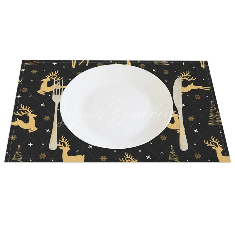 Lofaris Christmas Reindeer Set of 4 Placemats Black and Gold Deer Elegant Xmas Tree Holiday Table Mats