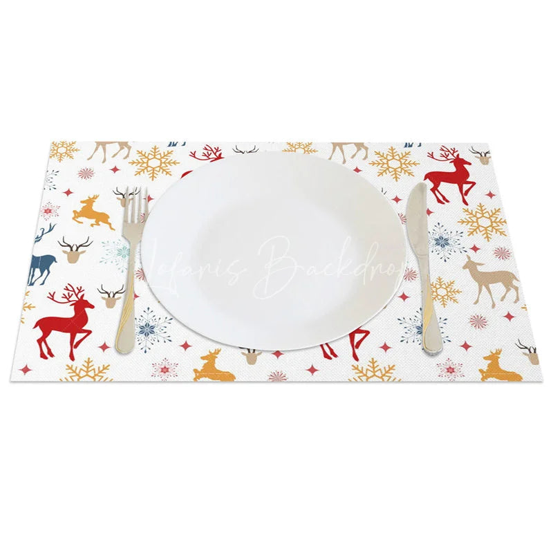 Lofaris Christmas Reindeer Set of 4 Placemats Colorful Deer Silhouette Red Blue Gold Snowflakes Winter Table Mats