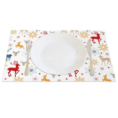 Lofaris Christmas Reindeer Set of 4 Placemats Colorful Deer Silhouette Red Blue Gold Snowflakes Winter Table Mats