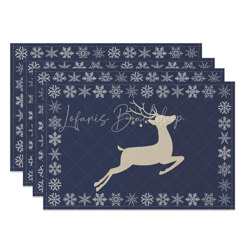 Lofaris Christmas Reindeer Set of 4 Placemats Navy Blue with Snowflake Border Winter Holiday Table Mats Decor