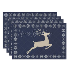 Lofaris Christmas Reindeer Set of 4 Placemats Navy Blue with Snowflake Border Winter Holiday Table Mats Decor