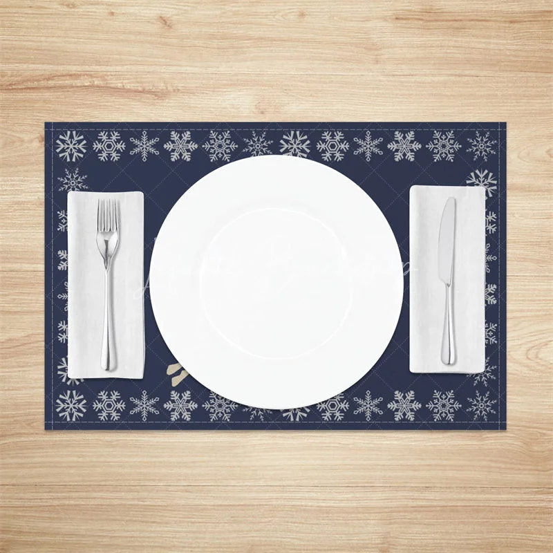 Lofaris Christmas Reindeer Set of 4 Placemats Navy Blue with Snowflake Border Winter Holiday Table Mats Decor