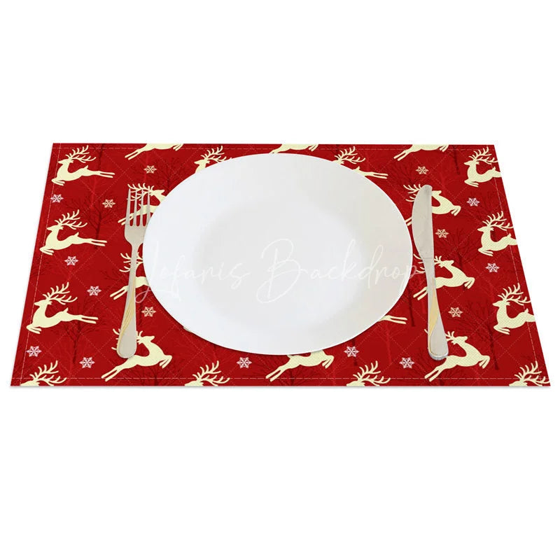 Lofaris Christmas Reindeer Set of 4 Placemats Red with Cream Deer Silhouette Winter Holiday Table Mats
