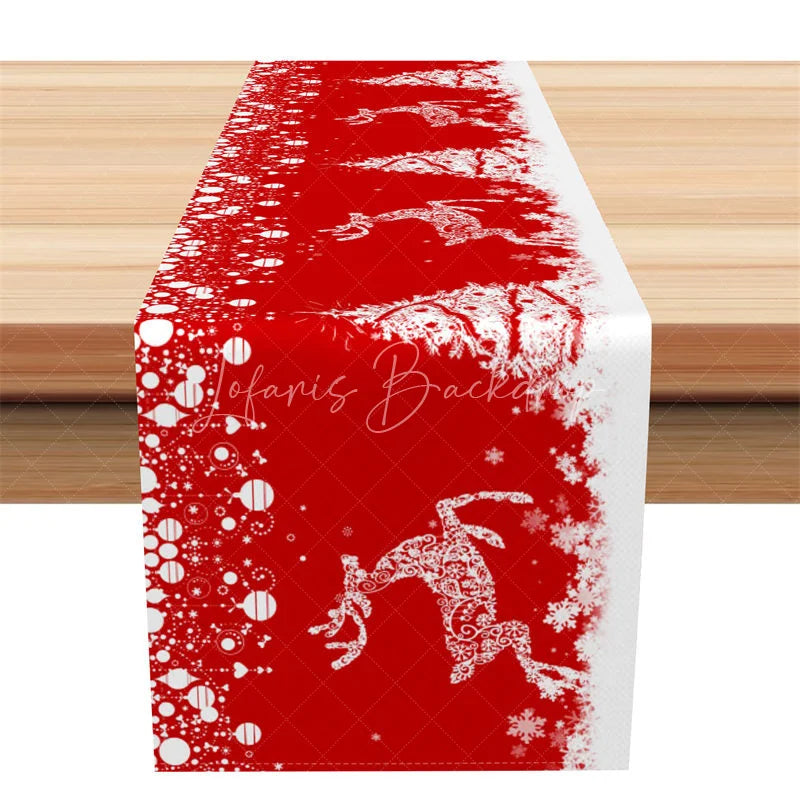 Lofaris Christmas Reindeer Table Runner Red with White Deer Silhouette Splatter Snowflake Holiday Decor