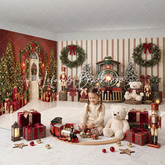 Lofaris Christmas Room Set Backdrop Festive Trees and Wreaths with Nutcrackers Toy Train Holiday Party Decor