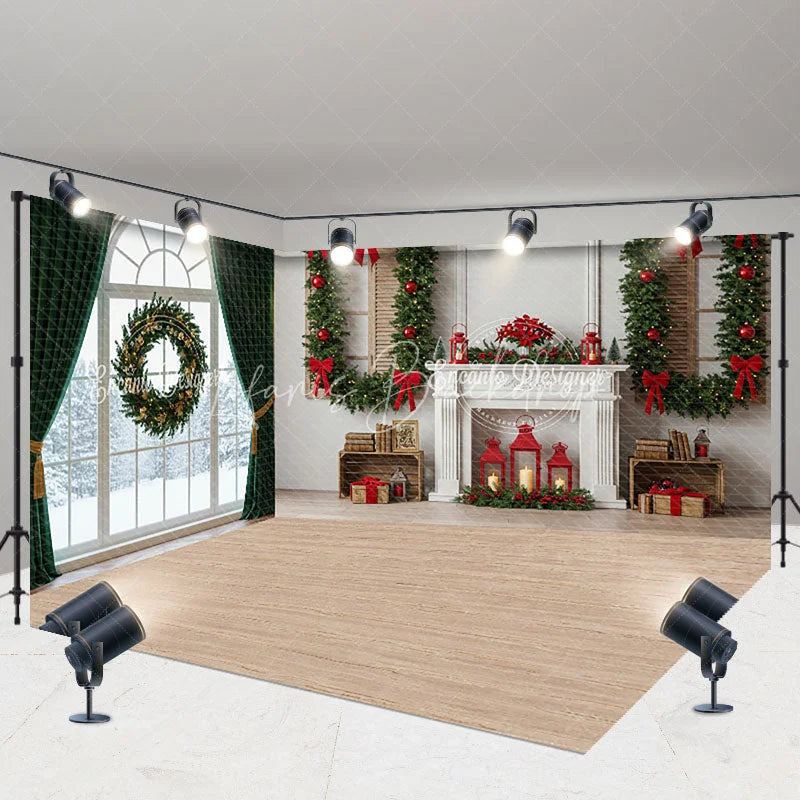 Lofaris Christmas Room Set Backdrop Interior Fireplace Green Curtain Window Photography Background