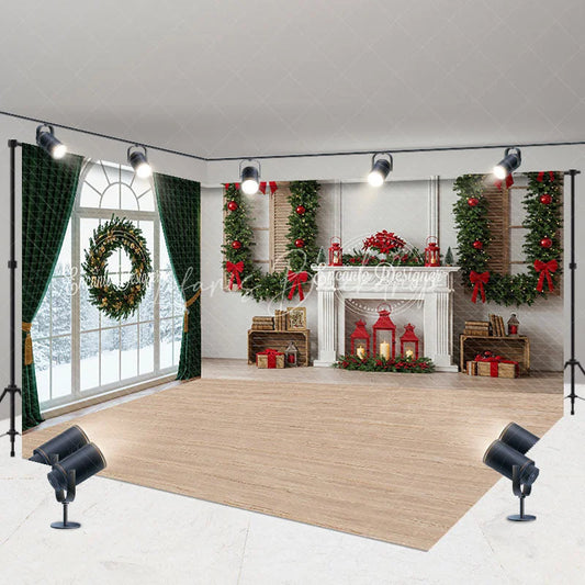 Lofaris Christmas Room Set Backdrop Interior Fireplace Green Curtain Window Photography Background
