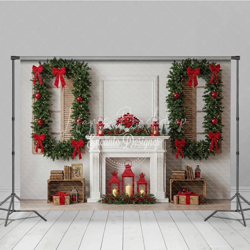 Lofaris Christmas Room Set Backdrop Interior Fireplace Green Curtain Window Photography Background