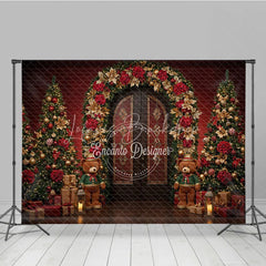 Lofaris Christmas Room Set Backdrop Red Wall Wood Floor with Xmas Trees Holiday Teddy Bear Photo Booth Props