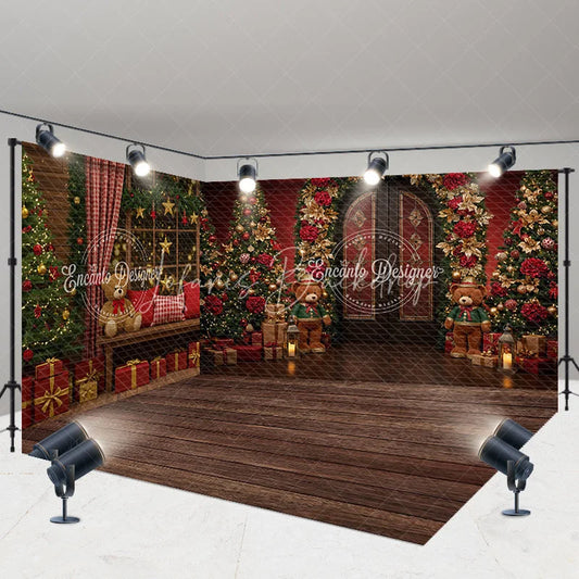 Lofaris Christmas Room Set Backdrop Red Wall Wood Floor with Xmas Trees Holiday Teddy Bear Photo Booth Props