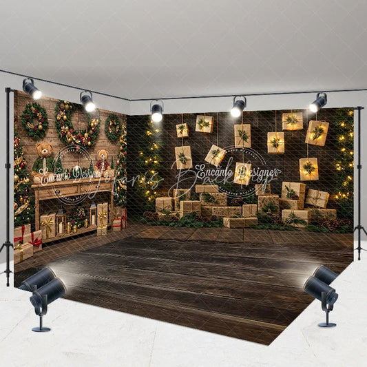 Lofaris Christmas Room Set Backdrop Rustic Wood Wall and Floor Xmas Tree Wreath with Hanging Gifts Photo Props
