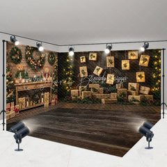 Lofaris Christmas Room Set Backdrop Rustic Wood Wall and Floor Xmas Tree Wreath with Hanging Gifts Photo Props