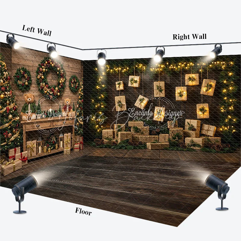 Lofaris Christmas Room Set Backdrop Rustic Wood Wall and Floor Xmas Tree Wreath with Hanging Gifts Photo Props
