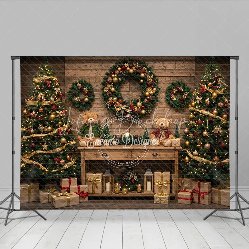 Lofaris Christmas Room Set Backdrop Rustic Wood Wall and Floor Xmas Tree Wreath with Hanging Gifts Photo Props