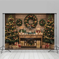 Lofaris Christmas Room Set Backdrop Rustic Wood Wall and Floor Xmas Tree Wreath with Hanging Gifts Photo Props
