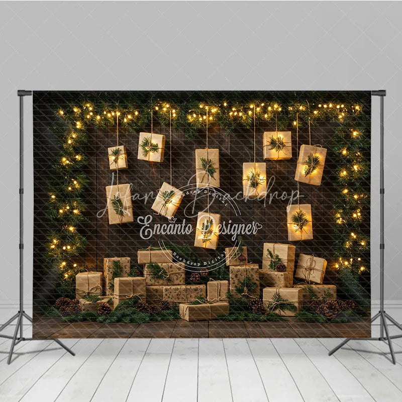 Lofaris Christmas Room Set Backdrop Rustic Wood Wall with Hanging Gifts Holiday Lights Photo Booth Props