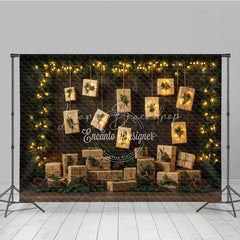 Lofaris Christmas Room Set Backdrop Rustic Wood Wall with Hanging Gifts Holiday Lights Photo Booth Props