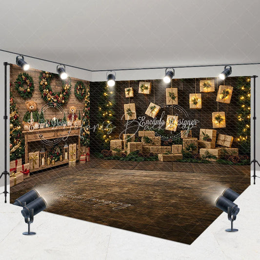 Lofaris Christmas Room Set Backdrop Rustic Wood Wall with Hanging Gifts Holiday Lights Photo Booth Props