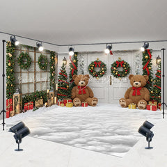 Lofaris Christmas Room Set Backdrop with Teddy Bears and Snow White Door Garland Holiday Photo Studio