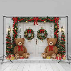 Lofaris Christmas Room Set Backdrop with Teddy Bears and Snow White Door Garland Holiday Photo Studio