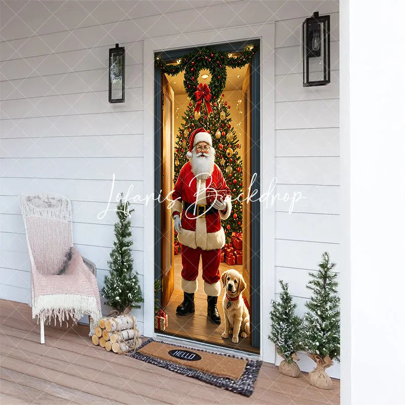 Lofaris Christmas Santa Claus and Golden Retriever Puppy Door Cover Festive Holiday Home Entrance Party Decoration